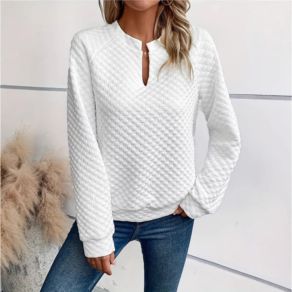 Womens Solid-Color Deep V-Neck Spliced Long-Sleeve Top by Ricaloux