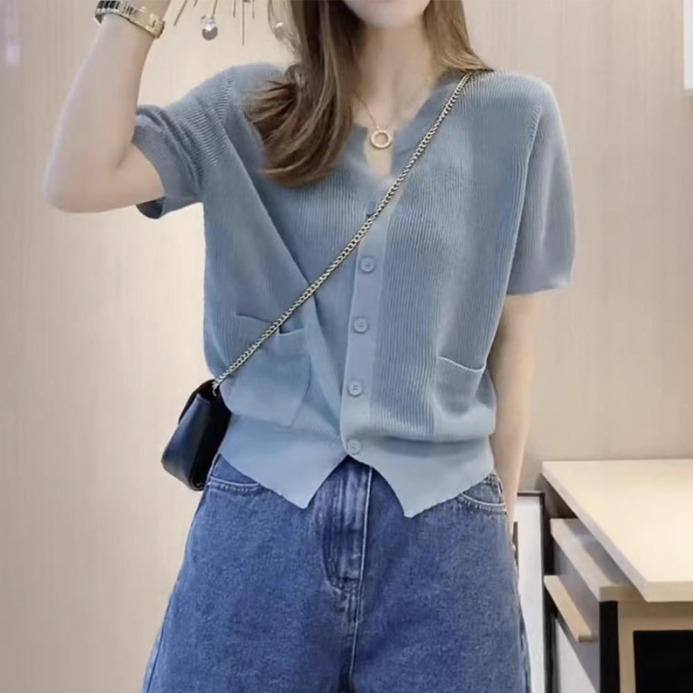 Womens Round-neck Blue Ice-silk Knitted T-shirt Top by Ricaloux