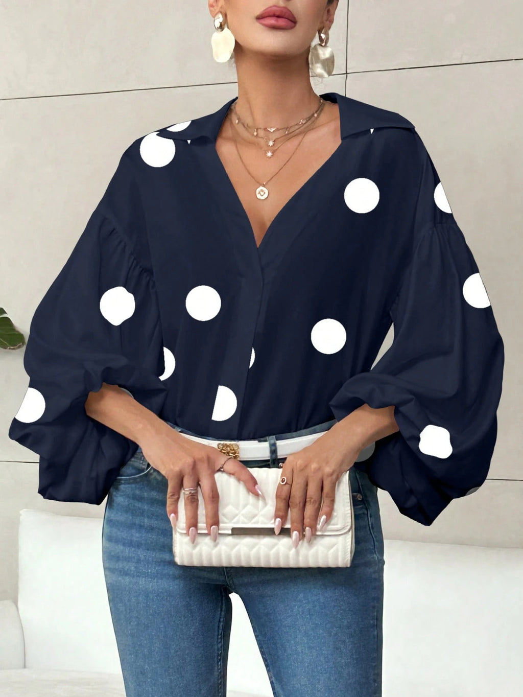 Niche Fashionable French Polka Dot Half-open Collar Design Loose Bubble Long Sleeve Top - RICALOUX