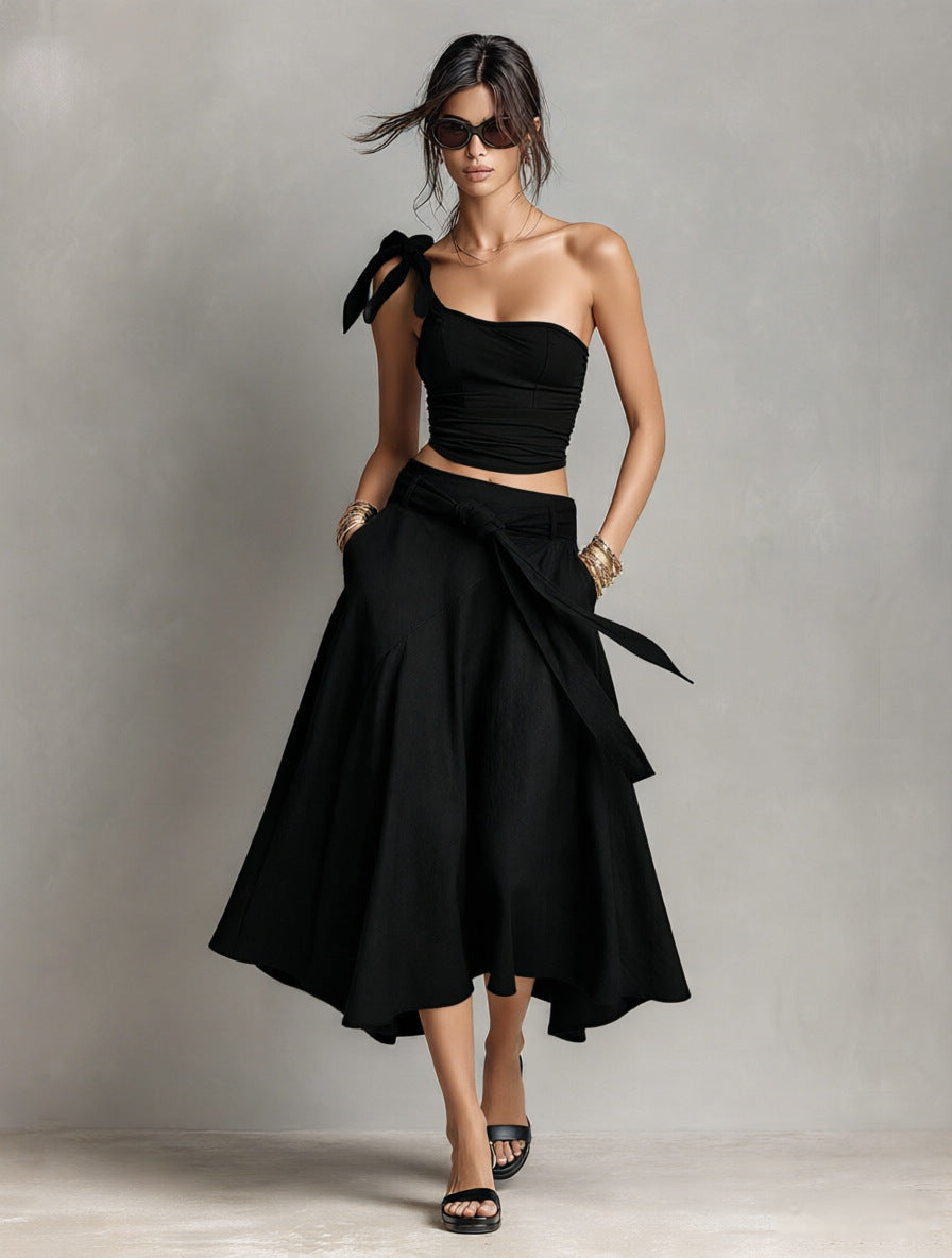 Off-Shoulder Strap Top With Slanted Shoulders High-Waisted A-Line Long Skirt Womens Set – Premium 0 | RICALOUX