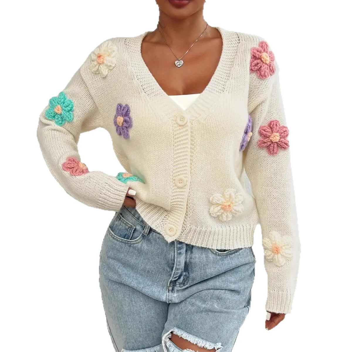 Womens Knitted Cardigan With Three-dimensional Floral Pattern And Hand-embroidered Flowers by Ricaloux