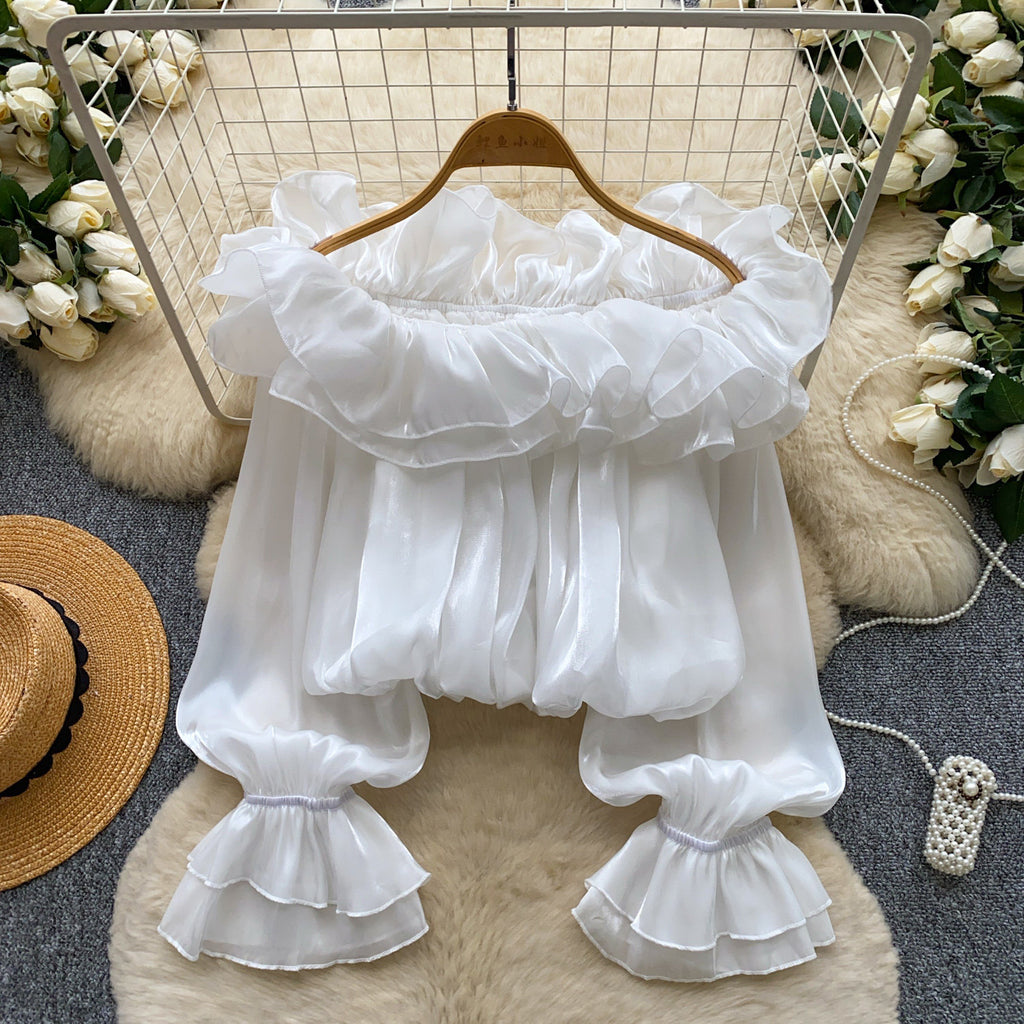 Off-the-shoulder Chiffon Blouse With Ruffled Trim Elegant Style by Ricaloux