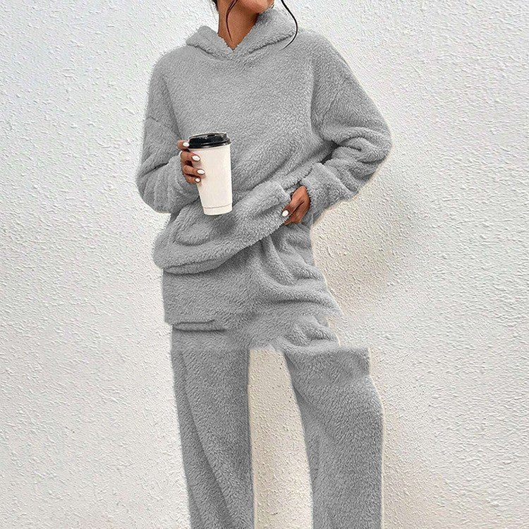 Fleece-lined Hooded Long Sleeve Dimensional Patch Pocket Casual Trousers Solid Color Suit - RICALOUX