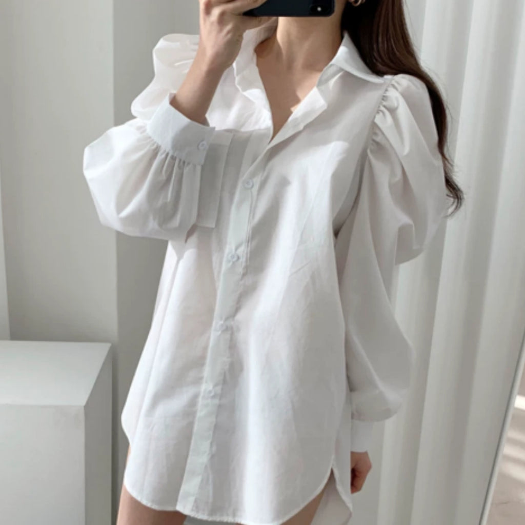 Loose Mid To Long Pleated Design Bubble Sleeve Shirt For Women by Ricaloux
