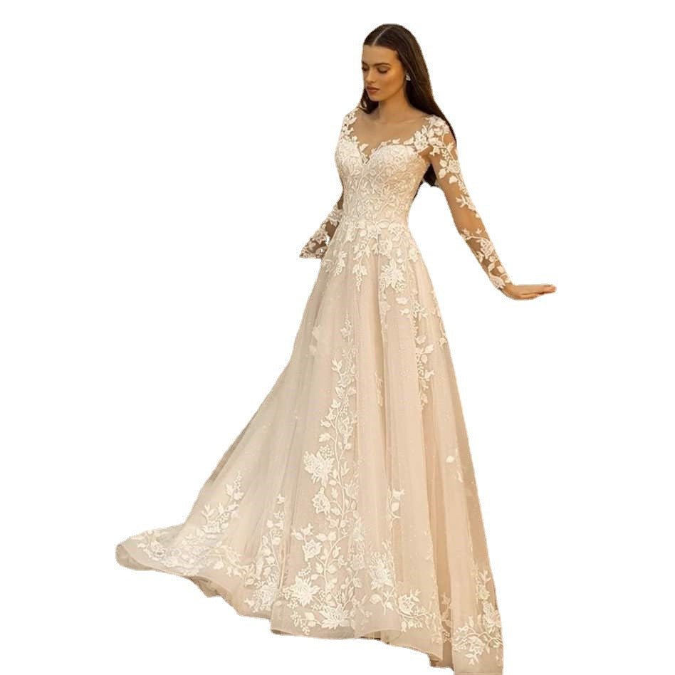 Long Sleeve Wedding Dress Mori Style Bridal Simple Round Neck - RICALOUX
