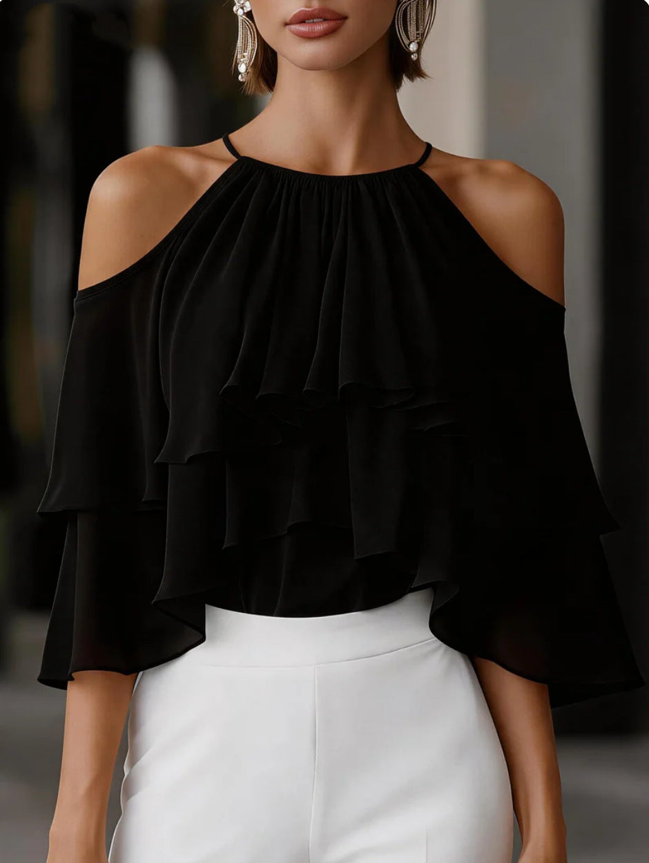 Summer Stylish And Elegant Versatile Off-shoulder Ruffled Chiffon Blouse – Premium 0 | RICALOUX