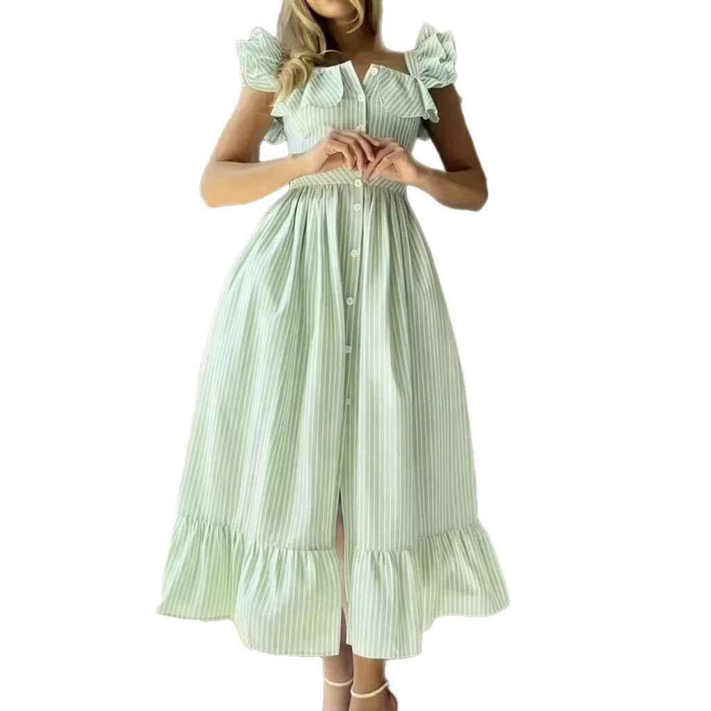 Buttoned Striped Dress With Puff Sleeves And Ruffled Hem – Premium 0 | RICALOUX