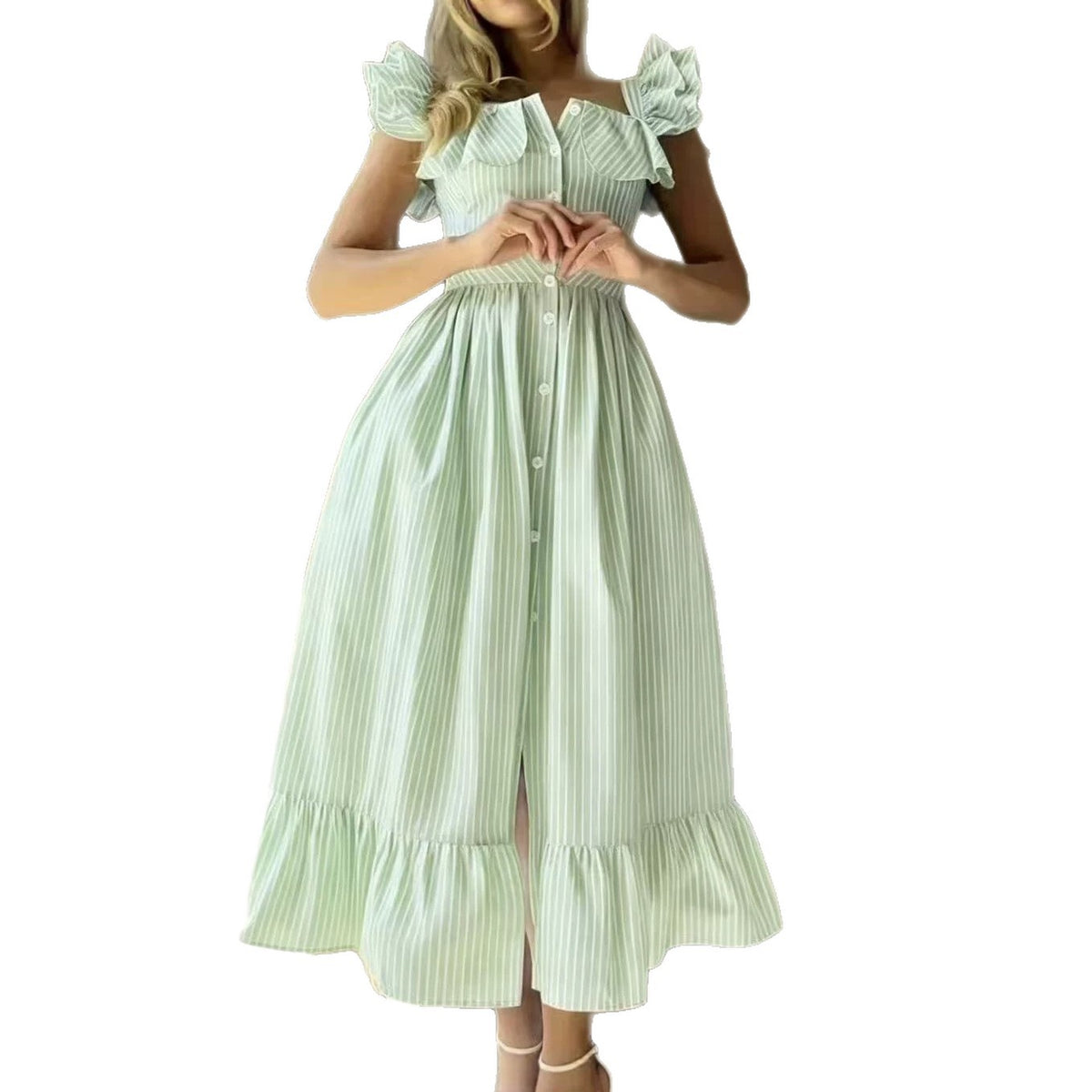 Buttoned Striped Dress With Puff Sleeves And Ruffled Hem – Premium 0 | RICALOUX