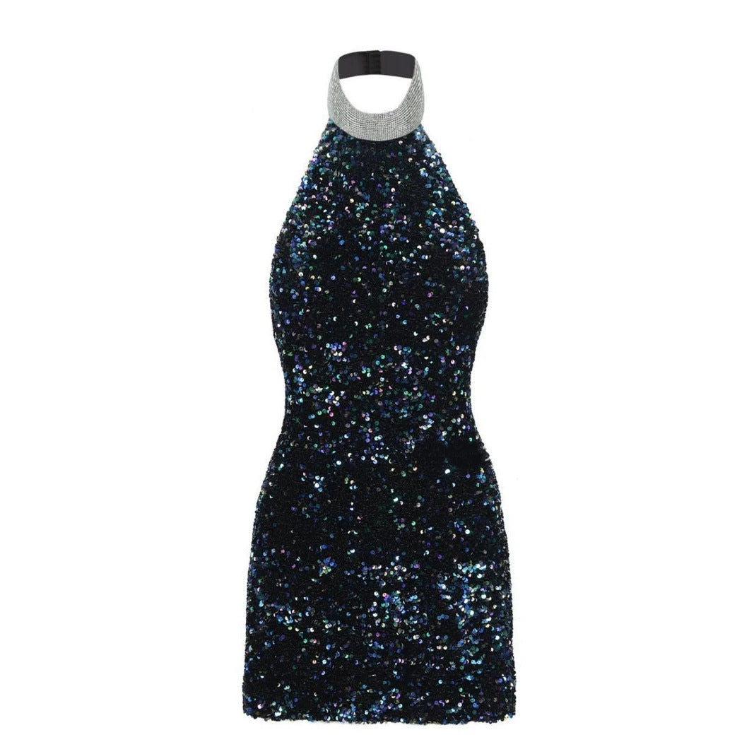European And American Style Sexy Halter Neck Figure-hugging Colorful Sequined Mini Dress – Premium 0 | RICALOUX