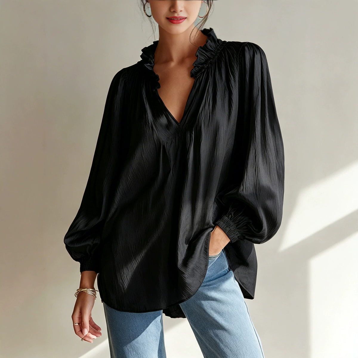 V-neck Loose-fitting Top With Puffed Balloon Sleeves by Ricaloux