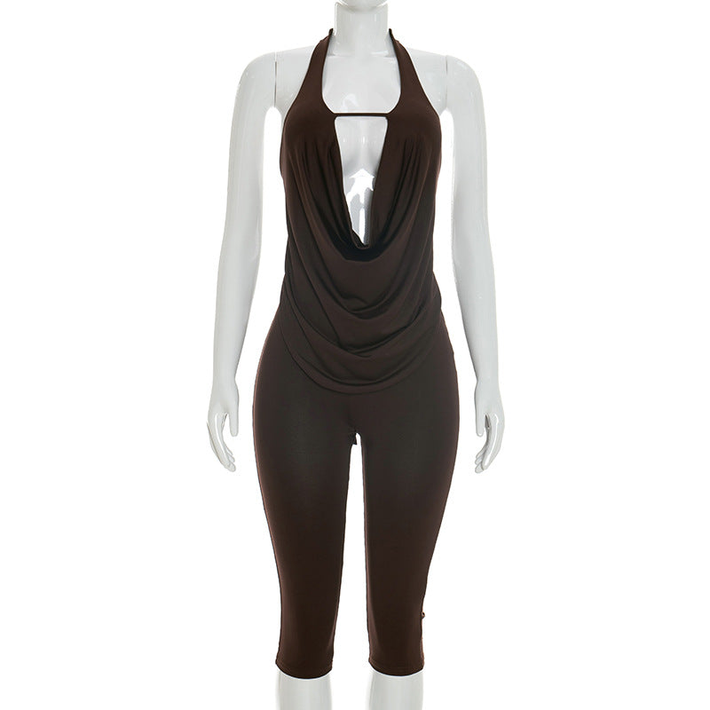 Womens Solid-color Spicy-chic Slimming Draped-neck Halter Set by Ricaloux