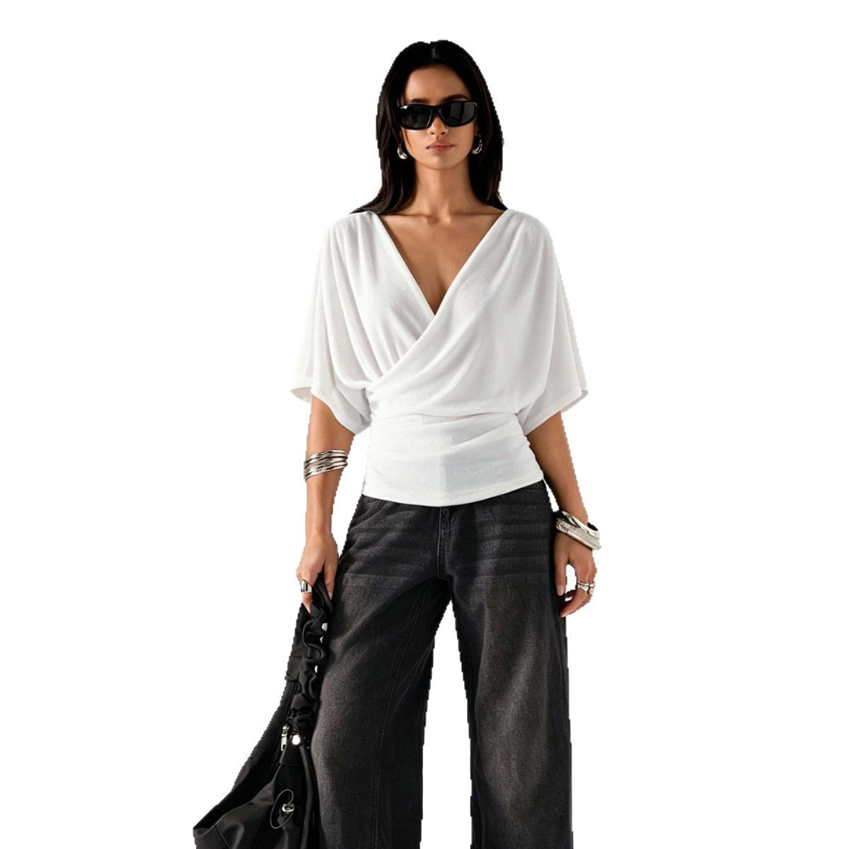 Womens French-style Cross V-Neck Batwing-Sleeve Top – Premium 0 | RICALOUX