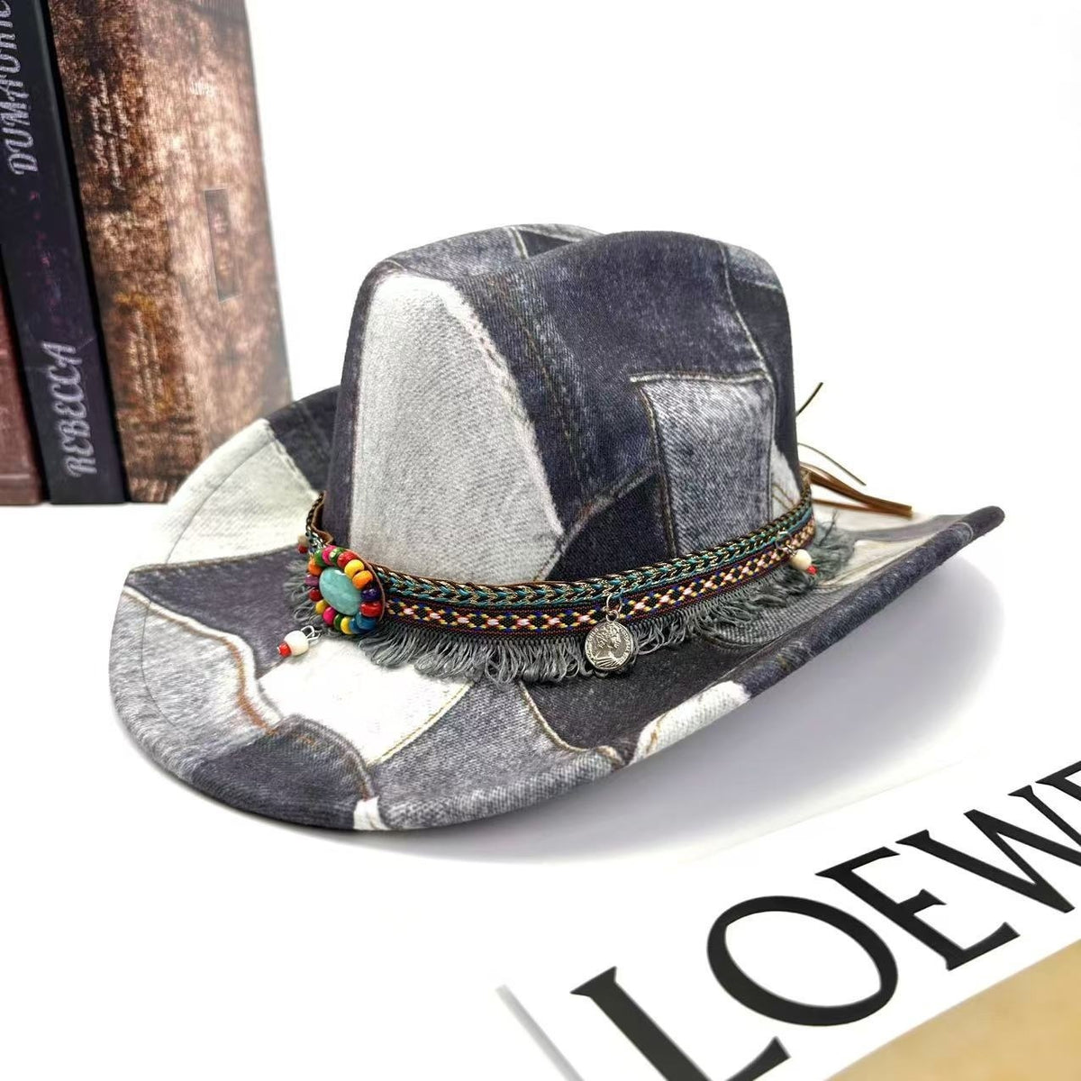 Retro Distressed Color-block Flat-top Jazz Hat by Ricaloux