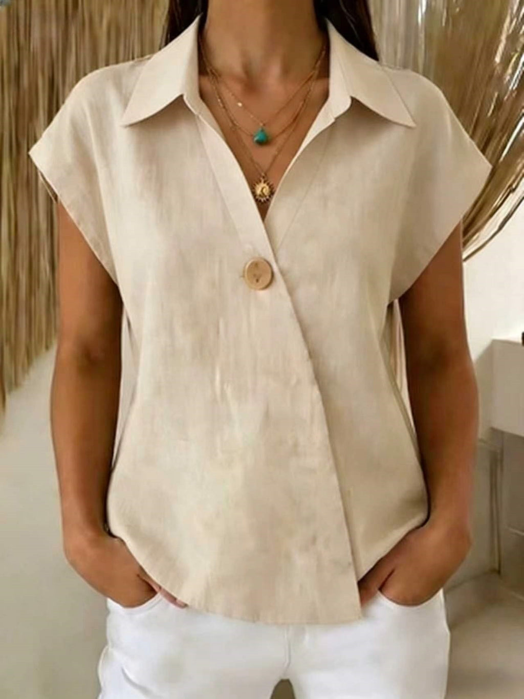Loose-fitting Casual Lapel-button Top by Ricaloux