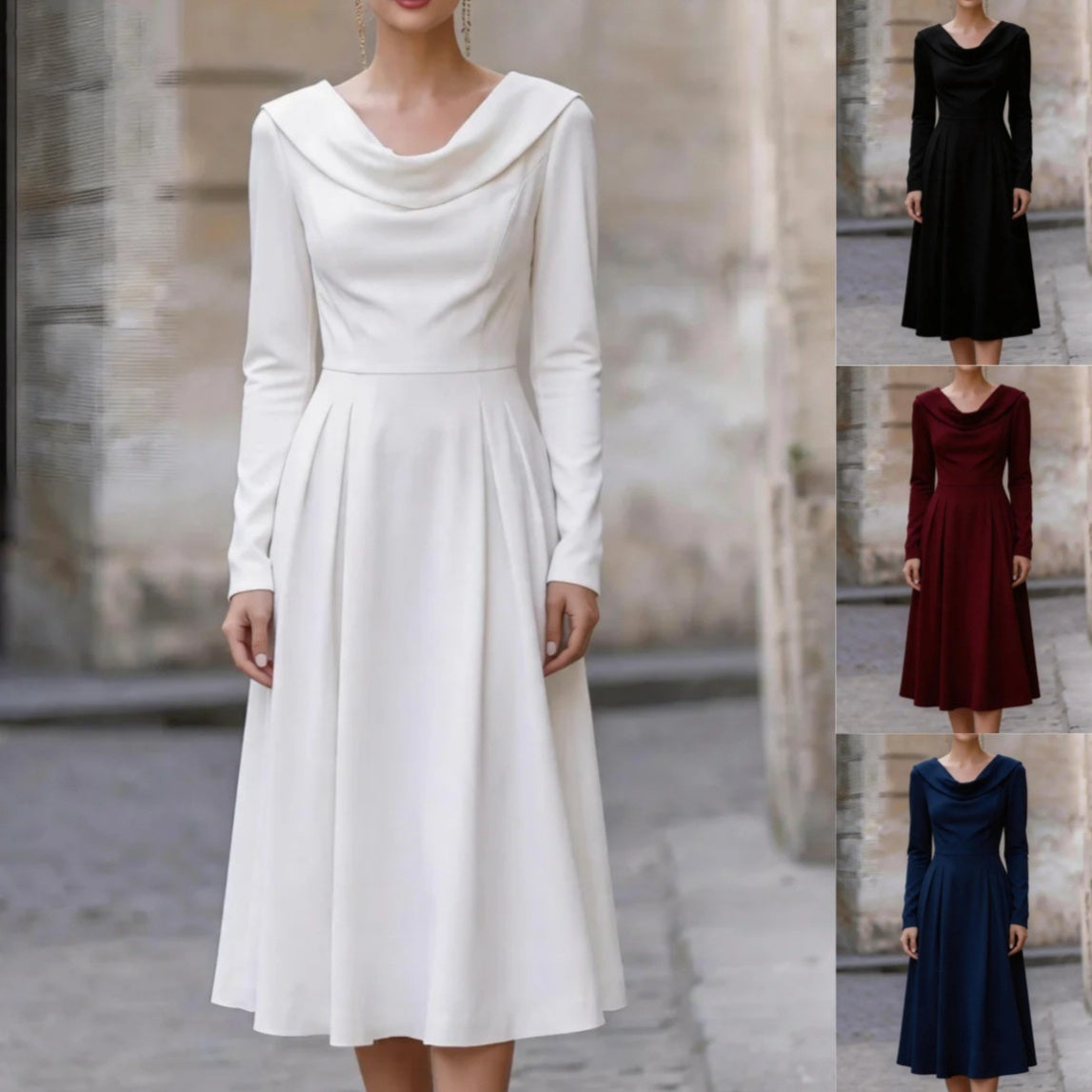 Elegant Boat-neck Satin Long-sleeve Waist-cinched Midi Evening Gown – Premium 0 | RICALOUX