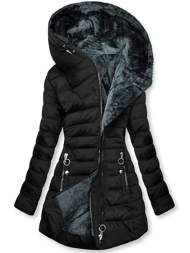 Women's Plush Hooded Mid-length Oblique Zipper Cotton-padded Coat - RICALOUX