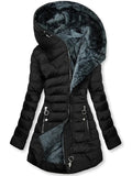 Women's Plush Hooded Mid-length Oblique Zipper Cotton-padded Coat - RICALOUX