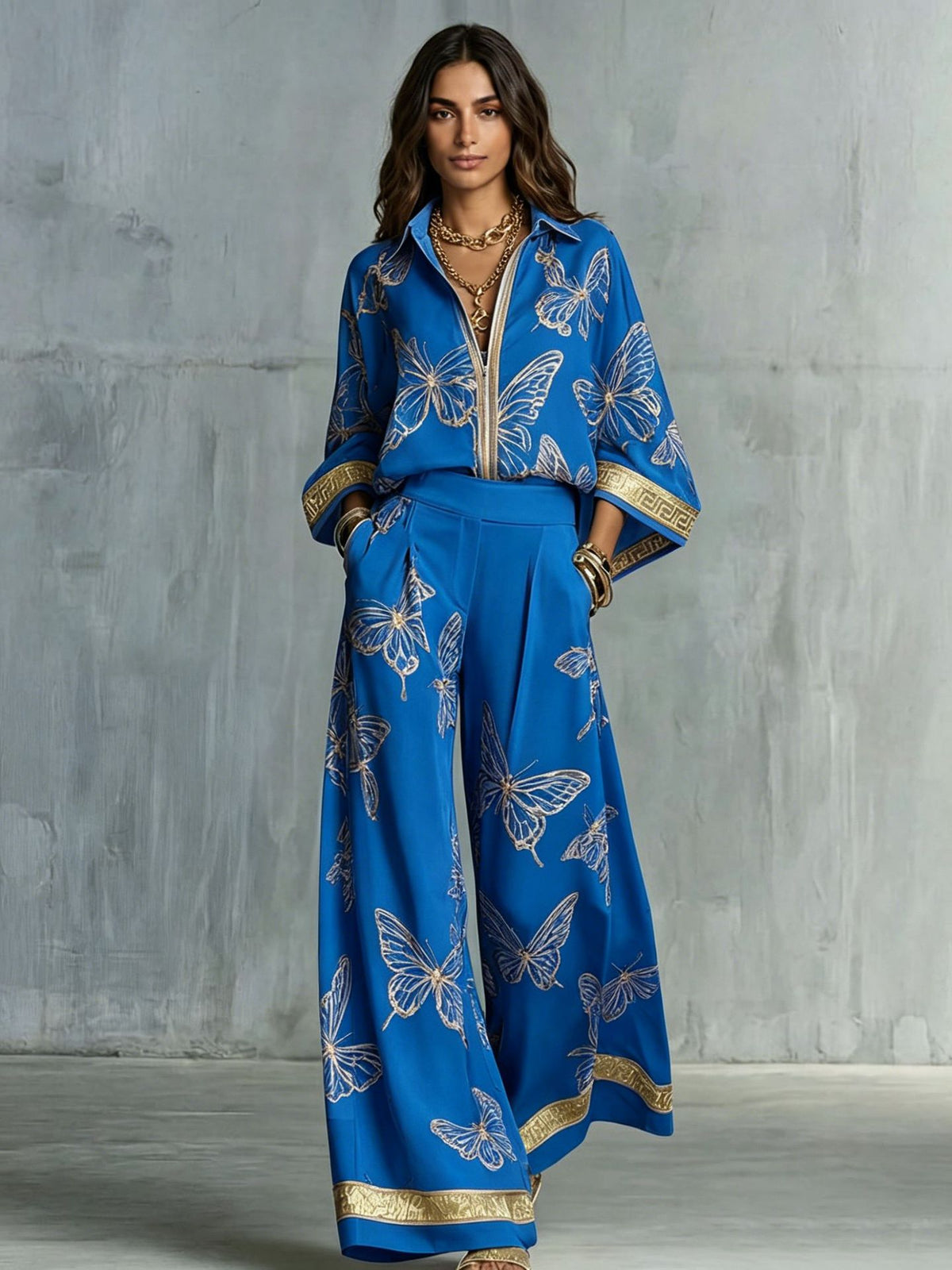 Womens Printed Loose-Fit Zip-Up Top And Wide-Leg Pants Two-Piece Set by Ricaloux