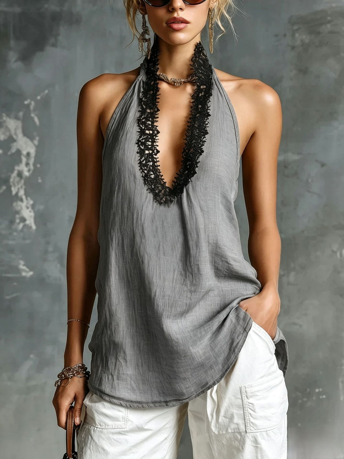V-neck Sleeveless Halter Lace-trimmed Cotton-linen Vest by Ricaloux