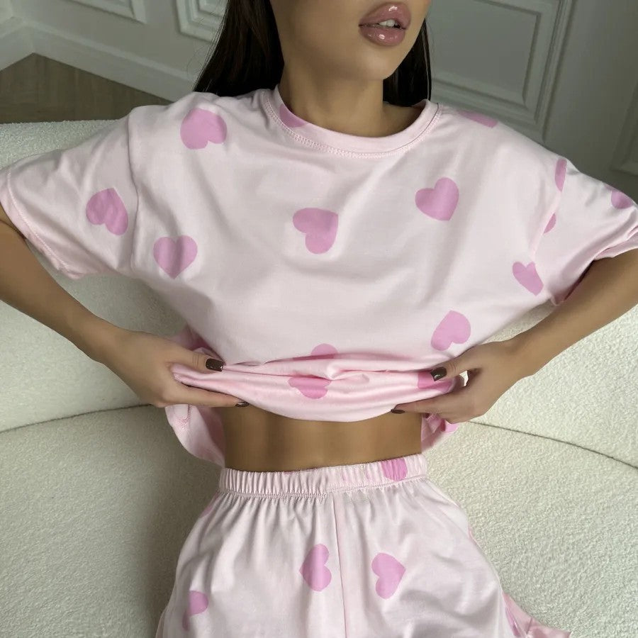 Heart-print Short-sleeve Pajama Set With Shorts by Ricaloux