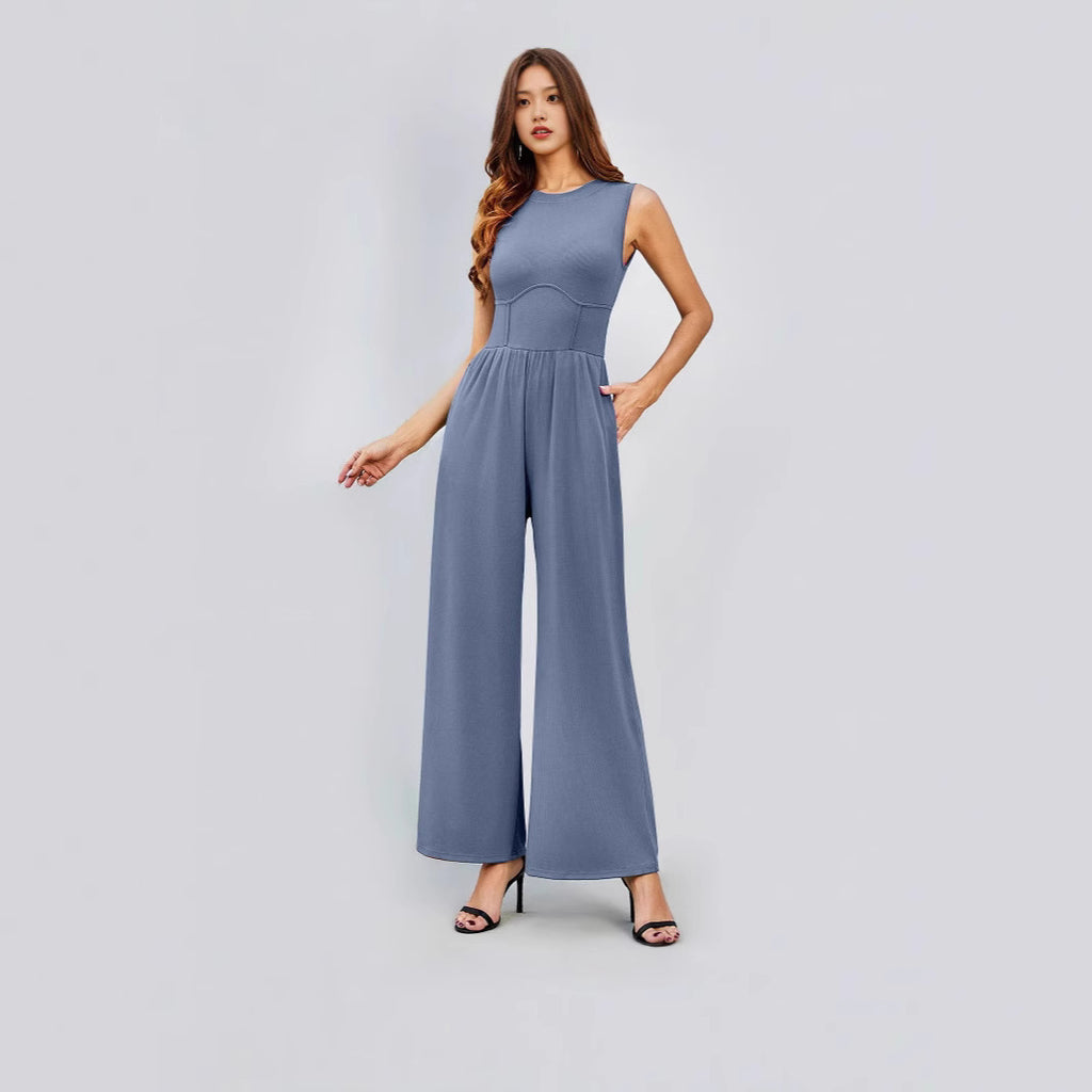 Womens Round-neck Solid-color Sleeveless Slim-fit Long Casual Jumpsuit by Ricaloux