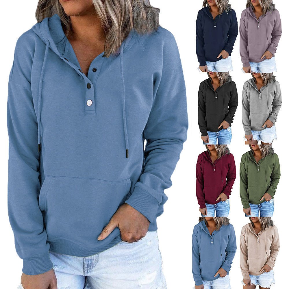 Long-sleeved Hooded Sweatshirt With Pockets Fashion Casual Button Drawstring Design Hoodie Top Spring And Autumn Sports Clothing For Women - RICALOUX