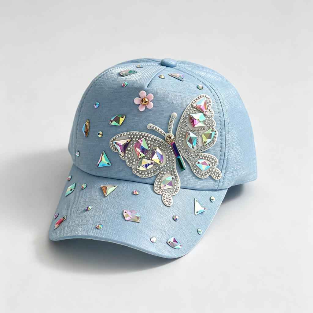 Summer Women's Colorful Butterfly Rhinestone Baseball Cap - Sweet, Cool And Bold Girlie Style Fedora Hat - Suitable For Party Outings And Daily Wear by Ricaloux