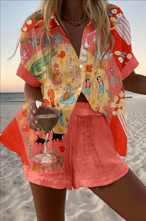 Women's Fashion Printed Casual Vacation Style Cardigan Shorts Suit by Ricaloux
