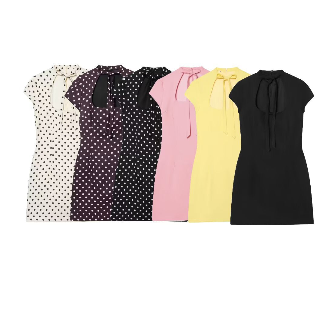 Hepburn-style Square-neck Short-sleeve Polka-dot Short Dress With A Bow Detail by Ricaloux