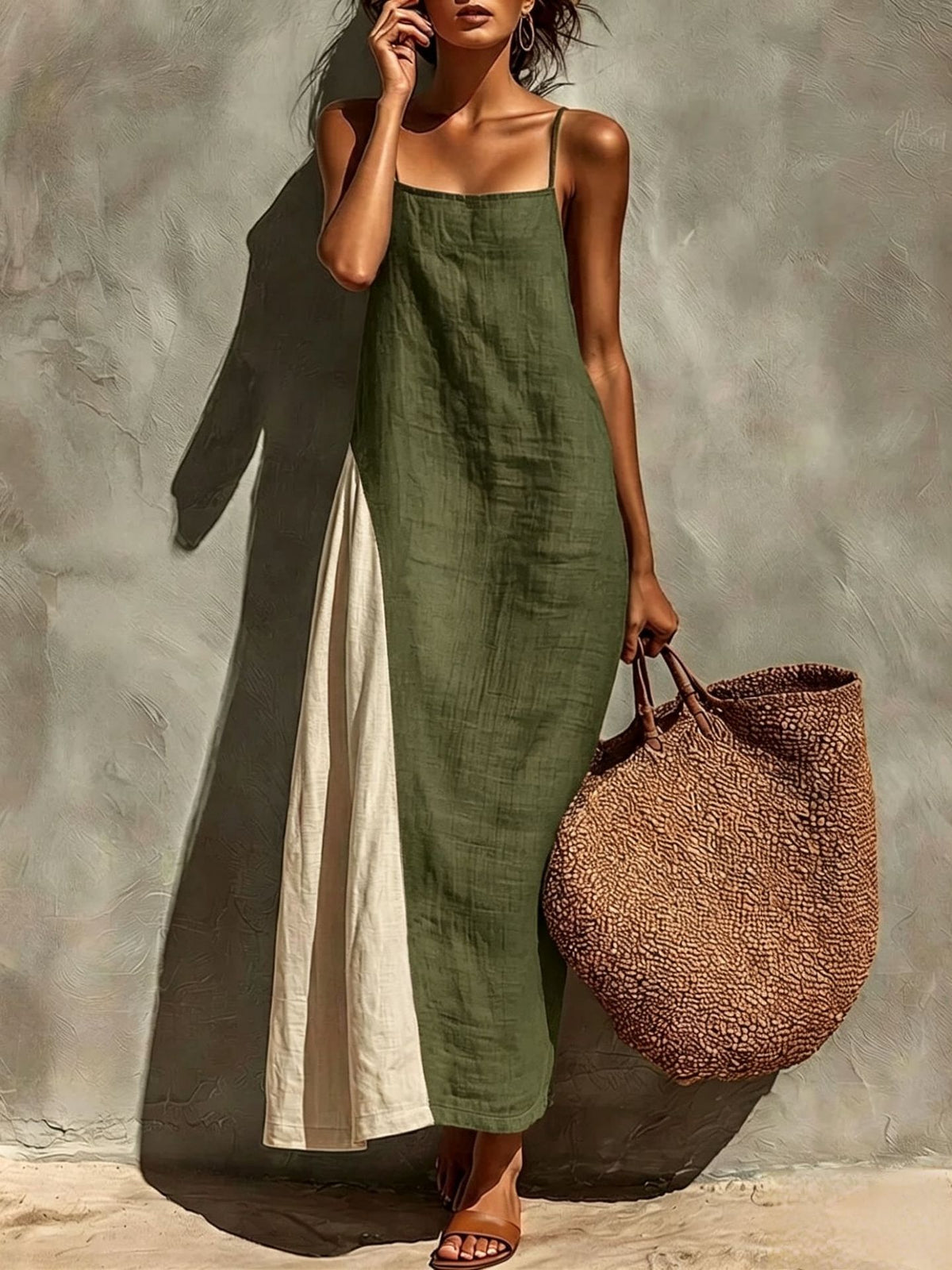 Womens Cotton-linen Versatile Minimalist Strap Dress by Ricaloux