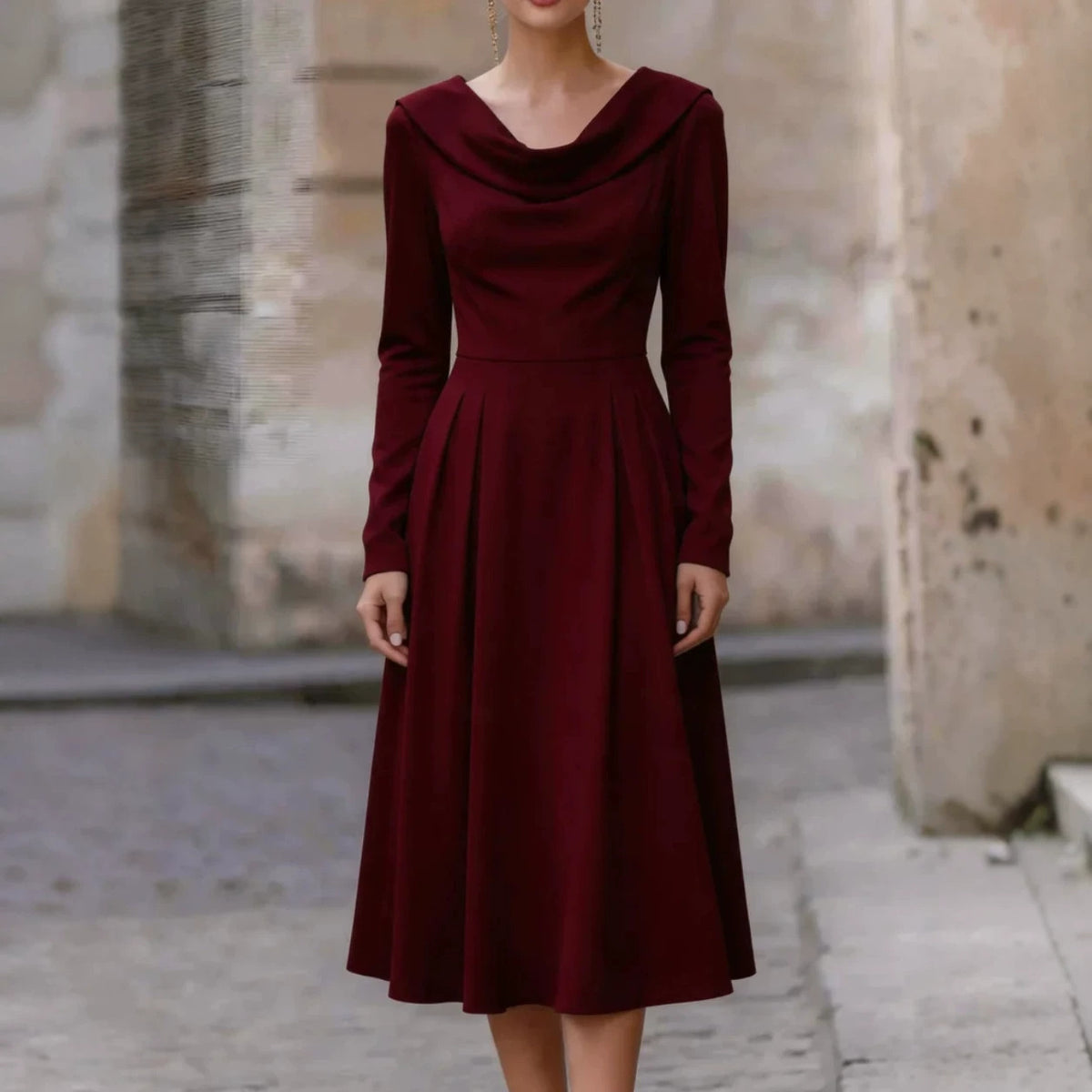 Elegant Boat-neck Satin Long-sleeve Waist-cinched Midi Evening Gown – Premium 0 | RICALOUX