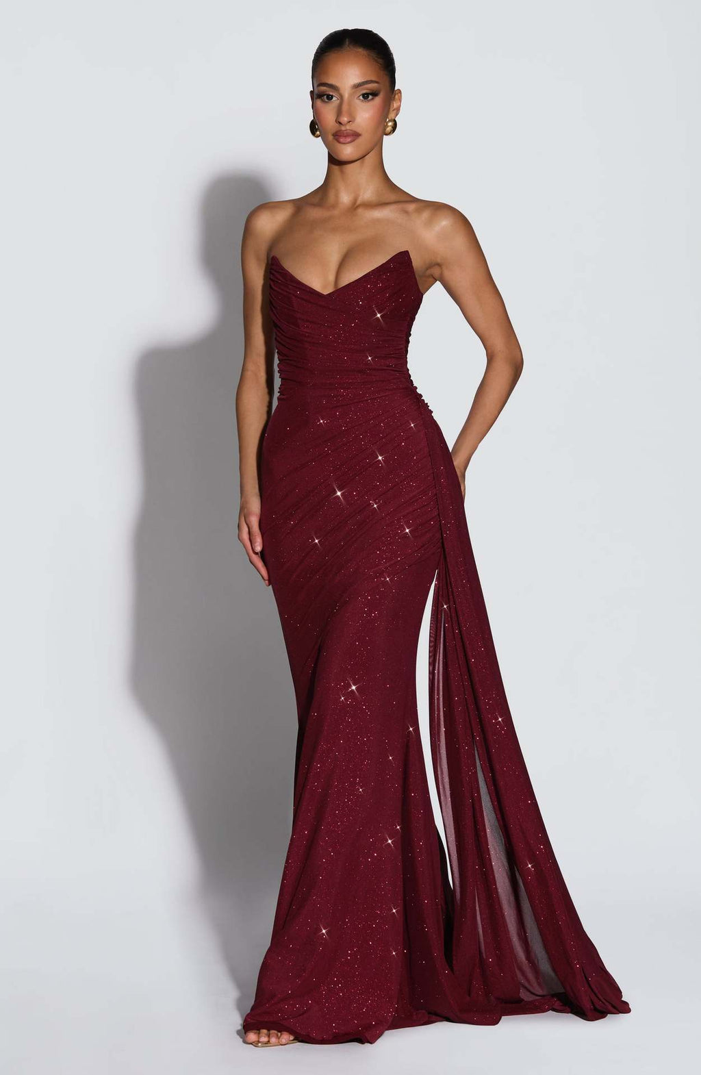 European And American-style Shimmering Strapless Waist-cinching Maxi Evening Gown With Crisscross Detailing by Ricaloux