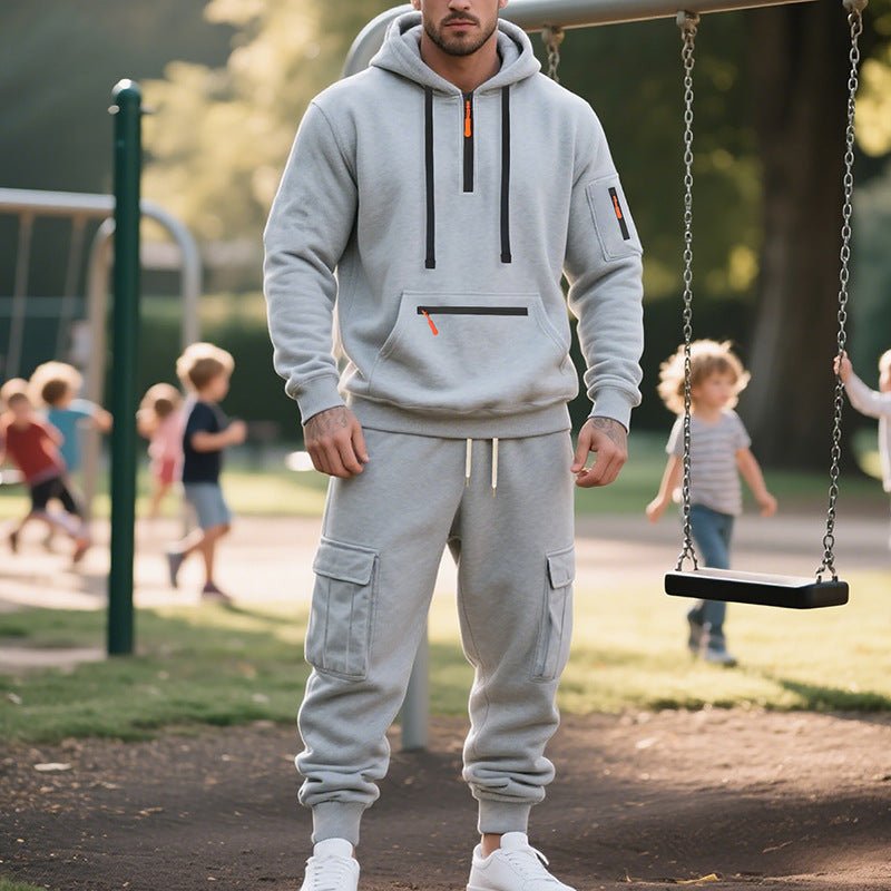 Men's Loose Sports And Leisure Suit Sweater Fleece-lined Hoodie Set Zipper Multi-Pocket Pullover Men's Sports Casual Top Two-piece Set - RICALOUX