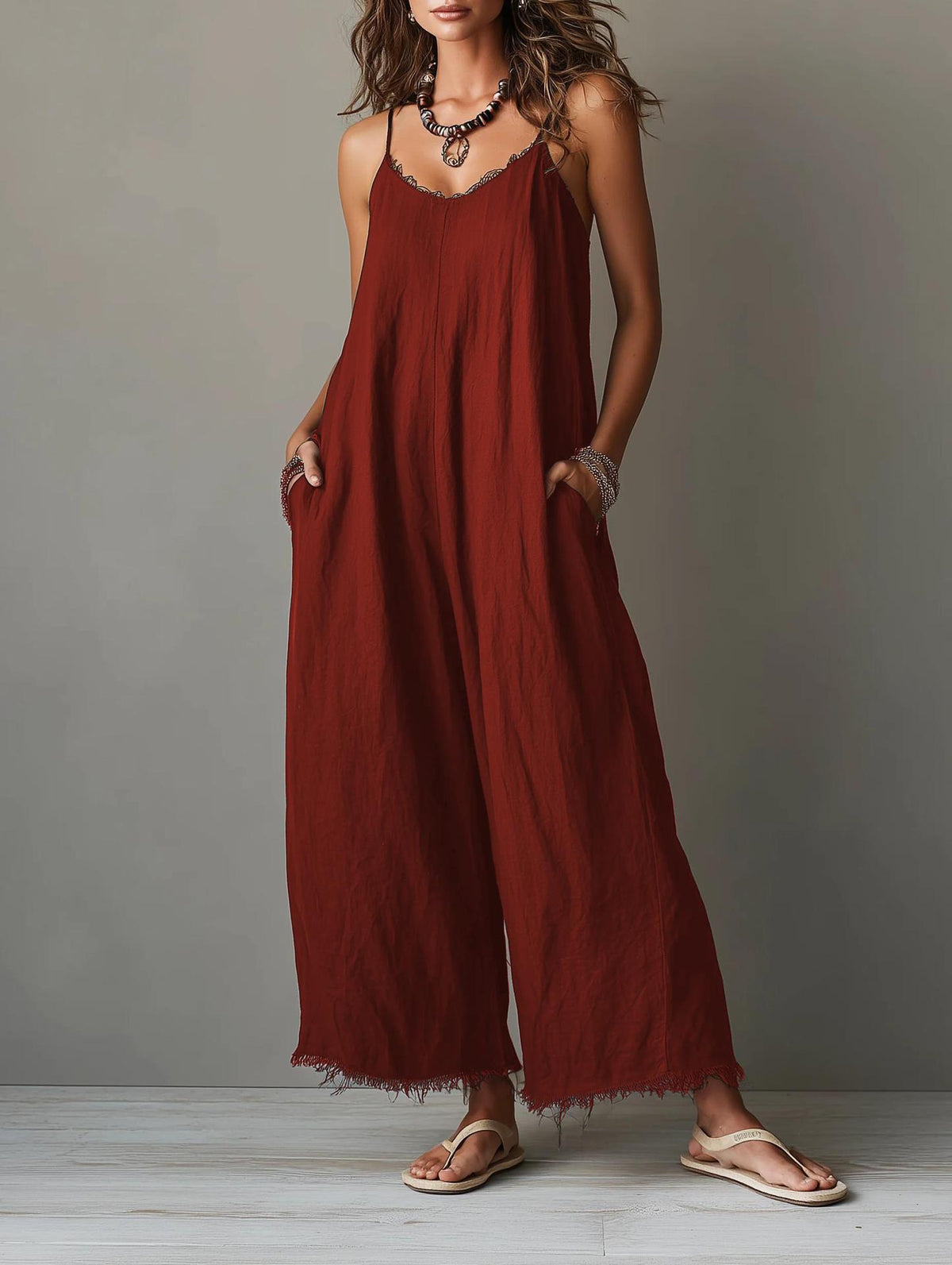 Womens Loose-fitting Solid-color Wide-leg Jumpsuit With Straps – Premium 0 | RICALOUX