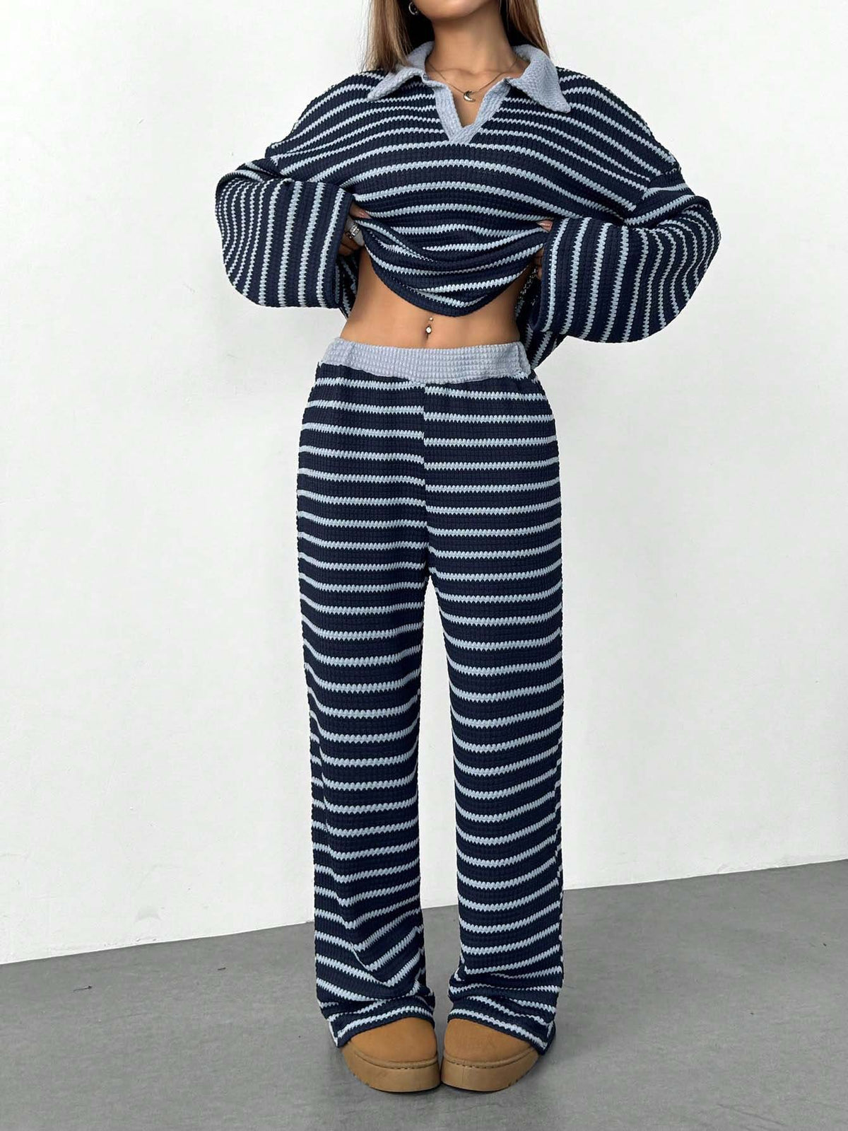 Striped Knitted Color-Block Long-Sleeve Top And Pants Casual Set – Premium 0 | RICALOUX