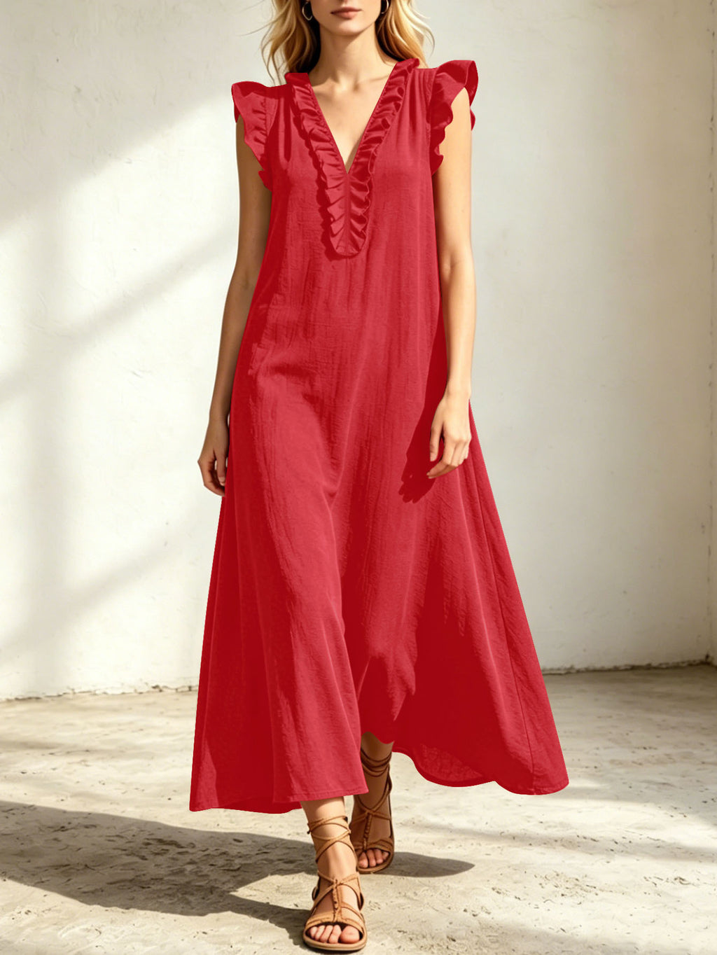 Women's Ruffled V-Neck Cap Sleeve Loose Maxi Dress With Pockets - Casual Boho Beach Long Dress For Summer – Premium 4 | RICALOUX