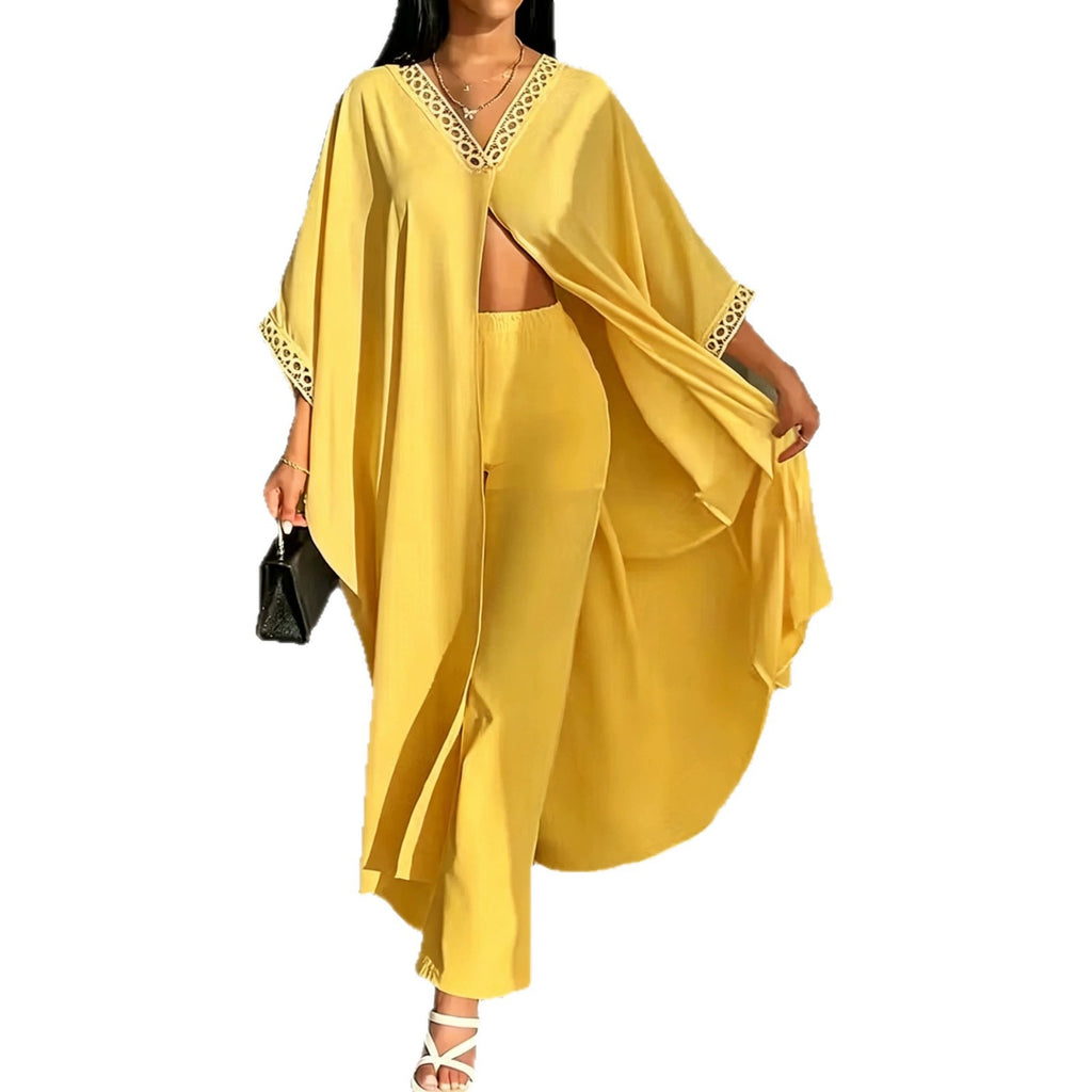 Womens Loose-Fit Batwing-Sleeve Lace V-Neck Coat And Pants Set by Ricaloux