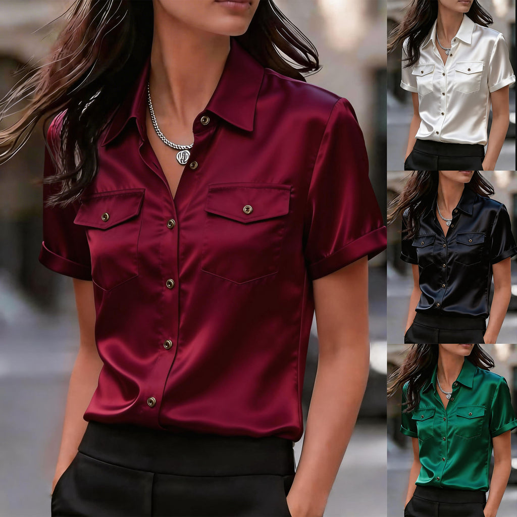 Elegant, Sophisticated Satin Short-sleeve Blouse With Double Pockets – Premium 0 | RICALOUX