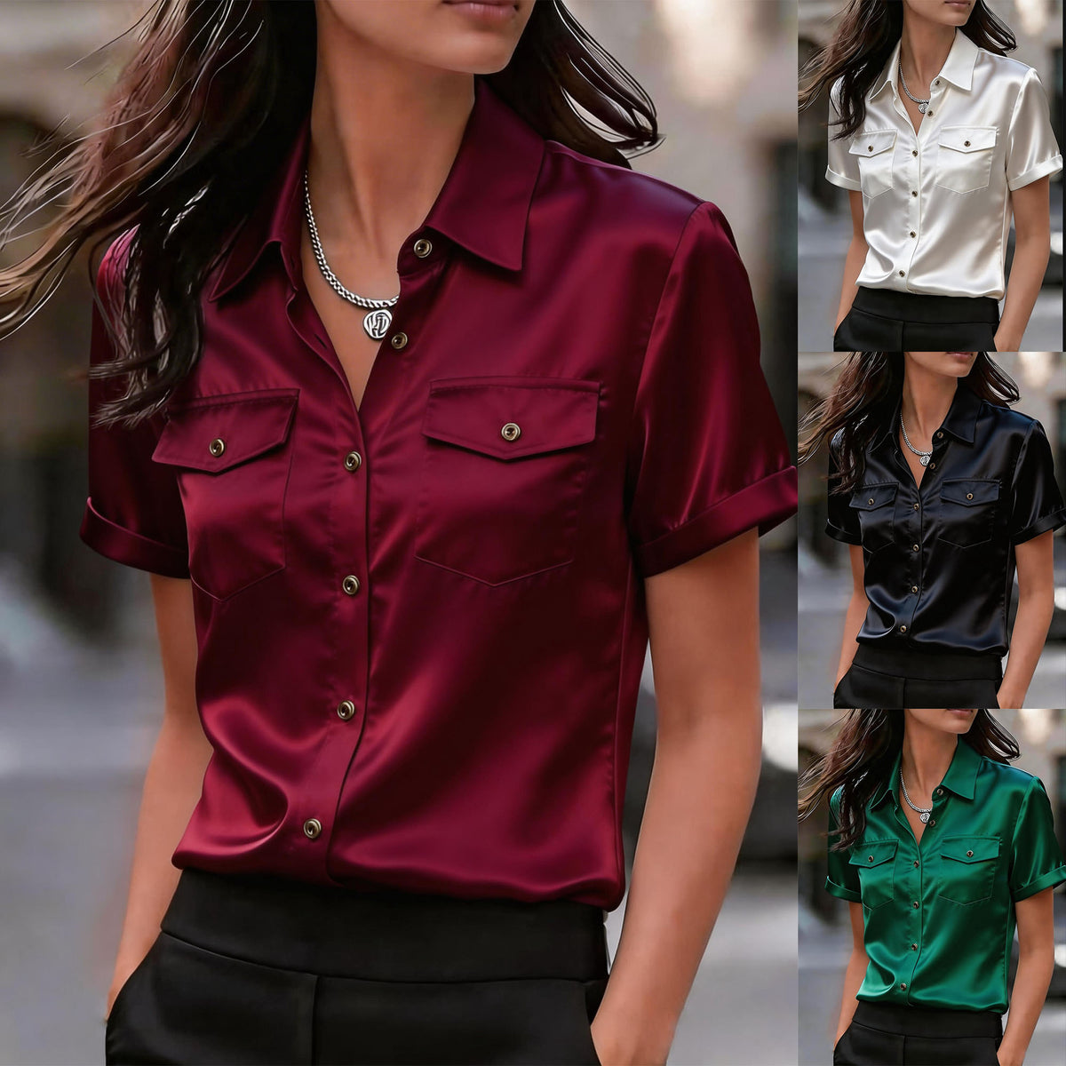 Elegant, Sophisticated Satin Short-sleeve Blouse With Double Pockets – Premium 0 | RICALOUX