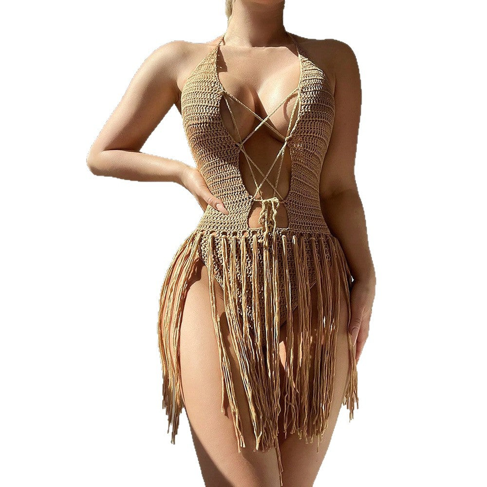 Knitted Strap Design Tassel Backless Bikini Skirt by Ricaloux