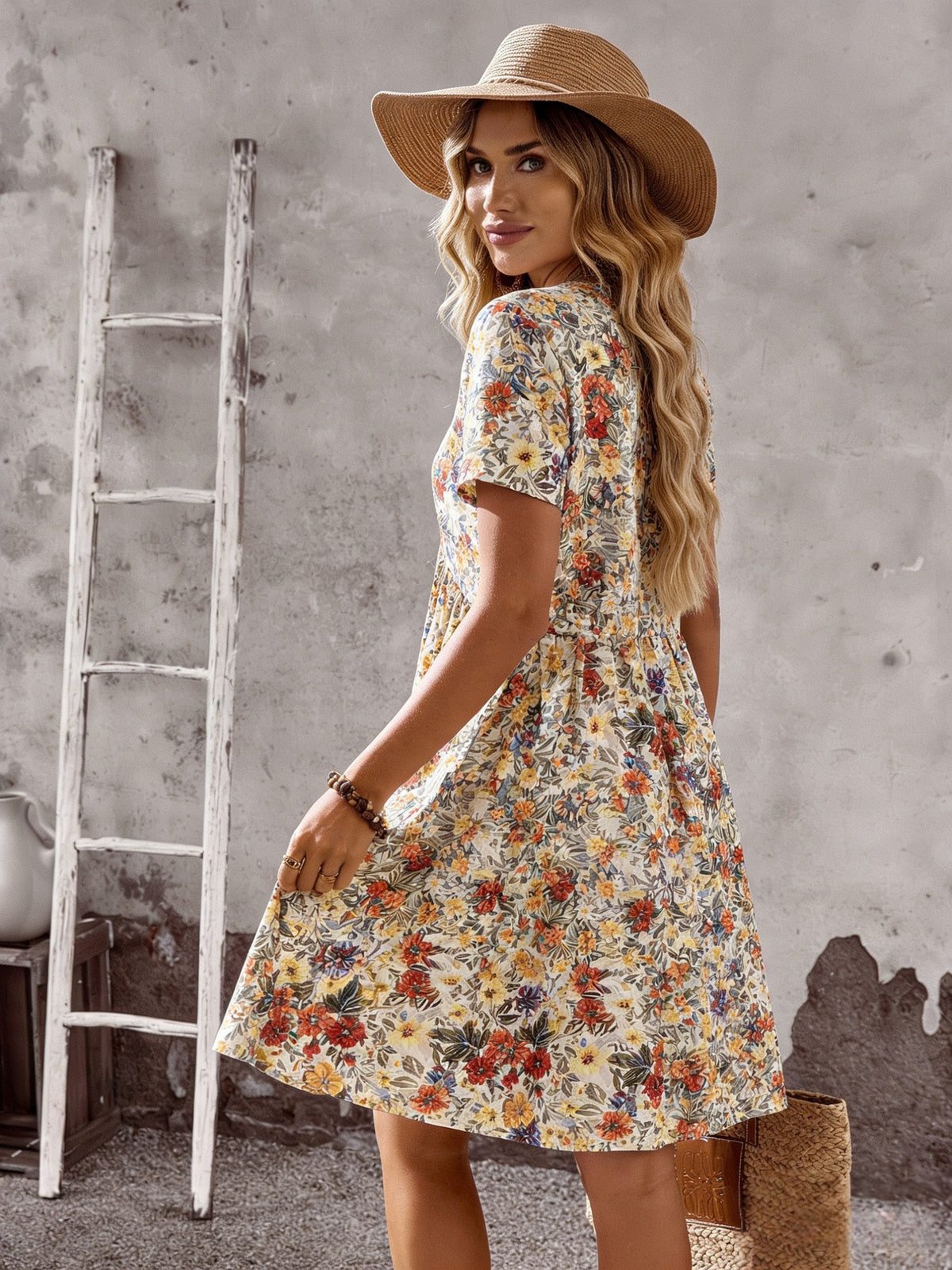 Women's V-Neck Short Sleeve Floral Print Ruffled Hem Mini Dress - Casual Boho Flared Swing Dress, Summer Dress For Women – Premium 4 | RICALOUX