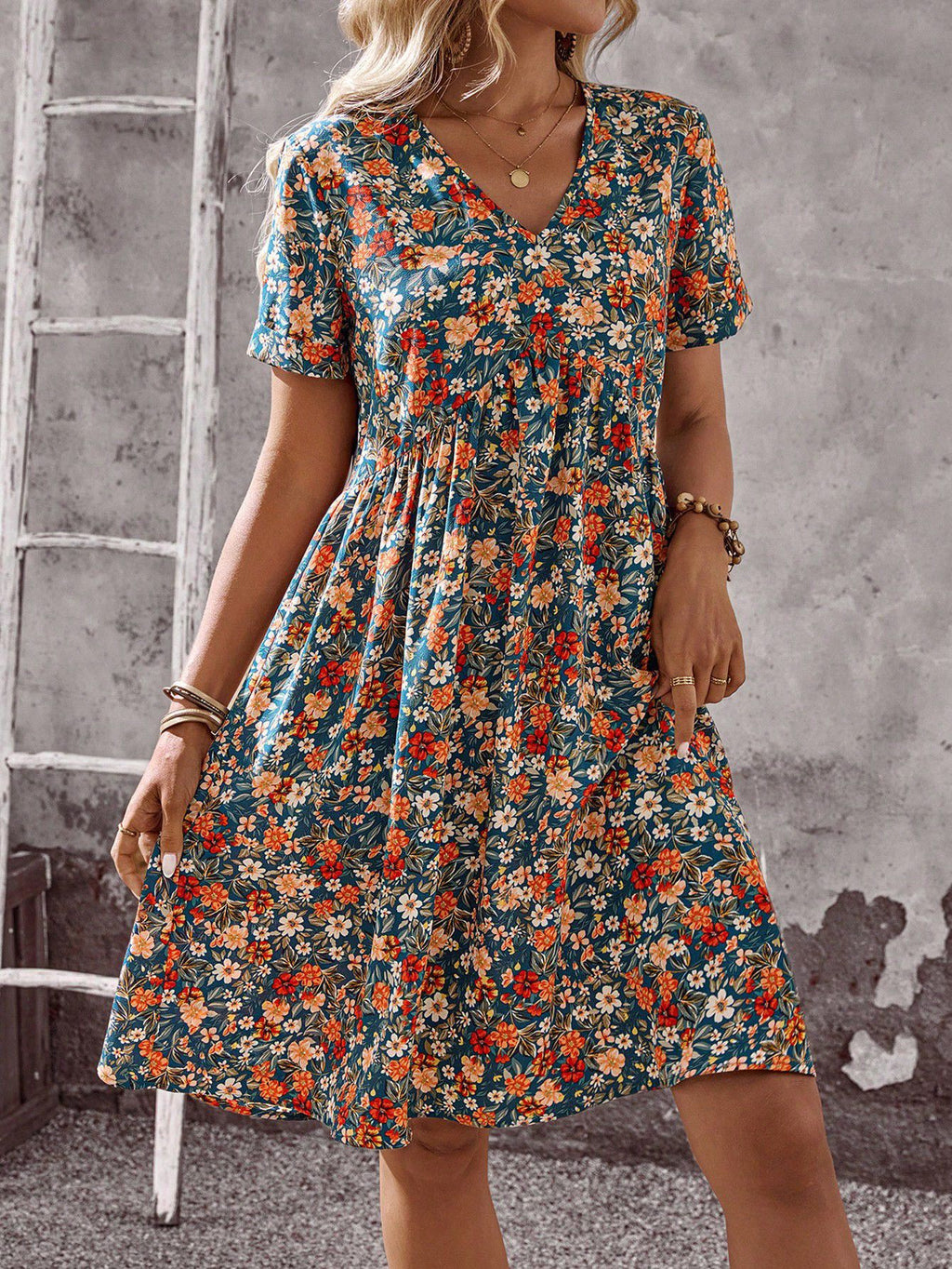 Women's V-Neck Short Sleeve Floral Print Ruffled Hem Mini Dress - Casual Boho Flared Swing Dress, Summer Dress For Women by Ricaloux