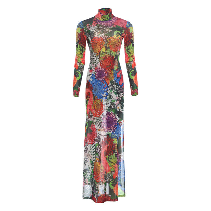 Womens Fashion Printed Long-sleeve Mock-neck High-slit Dress – Premium 0 | RICALOUX