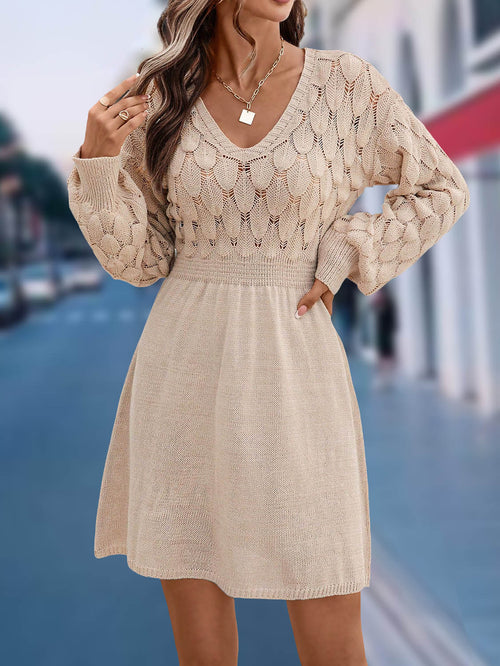 2025 Cross-Border Women V Neck Maxi Beach Dress, 3D Scale Textured Crochet Knit Long Sleeve A-Line Swim Cover Up Dress For Summer Vacation by Ricaloux