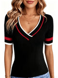 Womens V-neck Knitted Short-Sleeve T-Shirt by Ricaloux