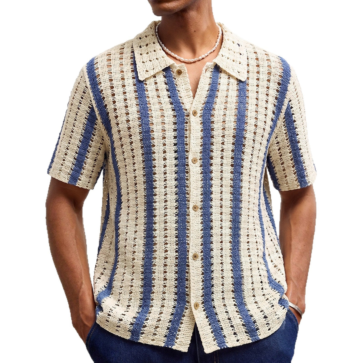 Mens Pure Cotton Hollow-out Crochet Knit Sweater by Ricaloux