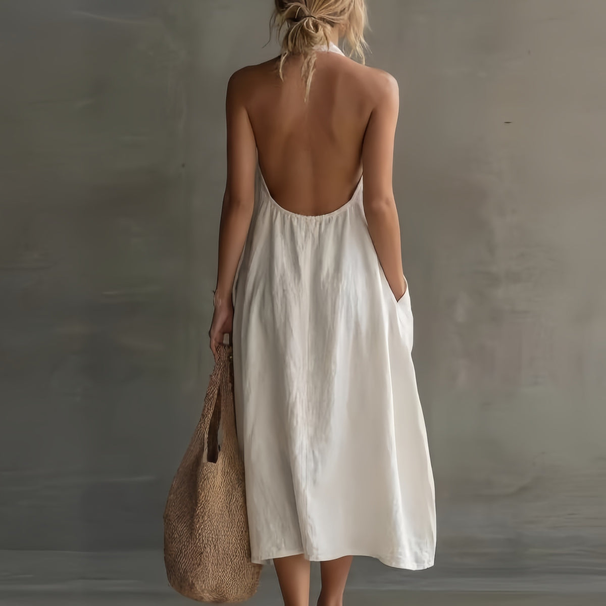 Summer Halter V-Neck Backless Maxi Dress With Large Pockets - Cotton Linen Loose Vacation Dress, Multiple Colors Available For Women by Ricaloux