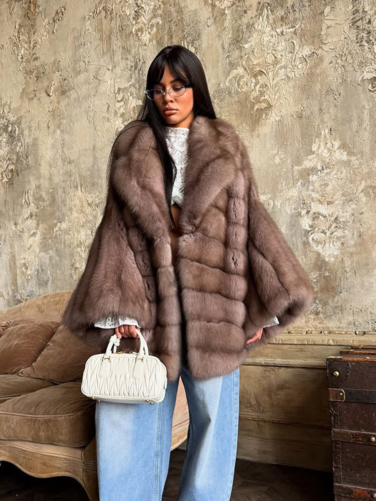 Elegant Color-blocked Fur Coat With A Lapel And Long Sleeves by Ricaloux