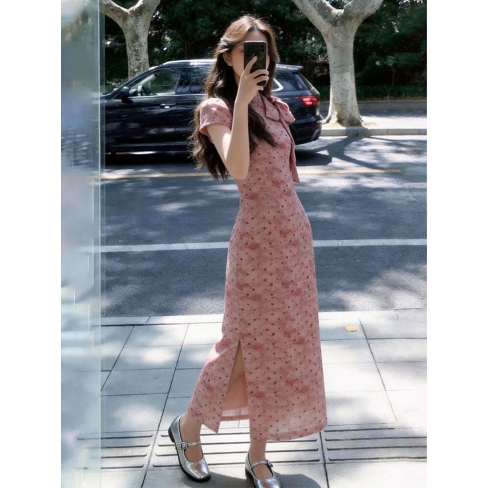Elegant Polka-dot Bow Cheongsam Dress For Women by Ricaloux