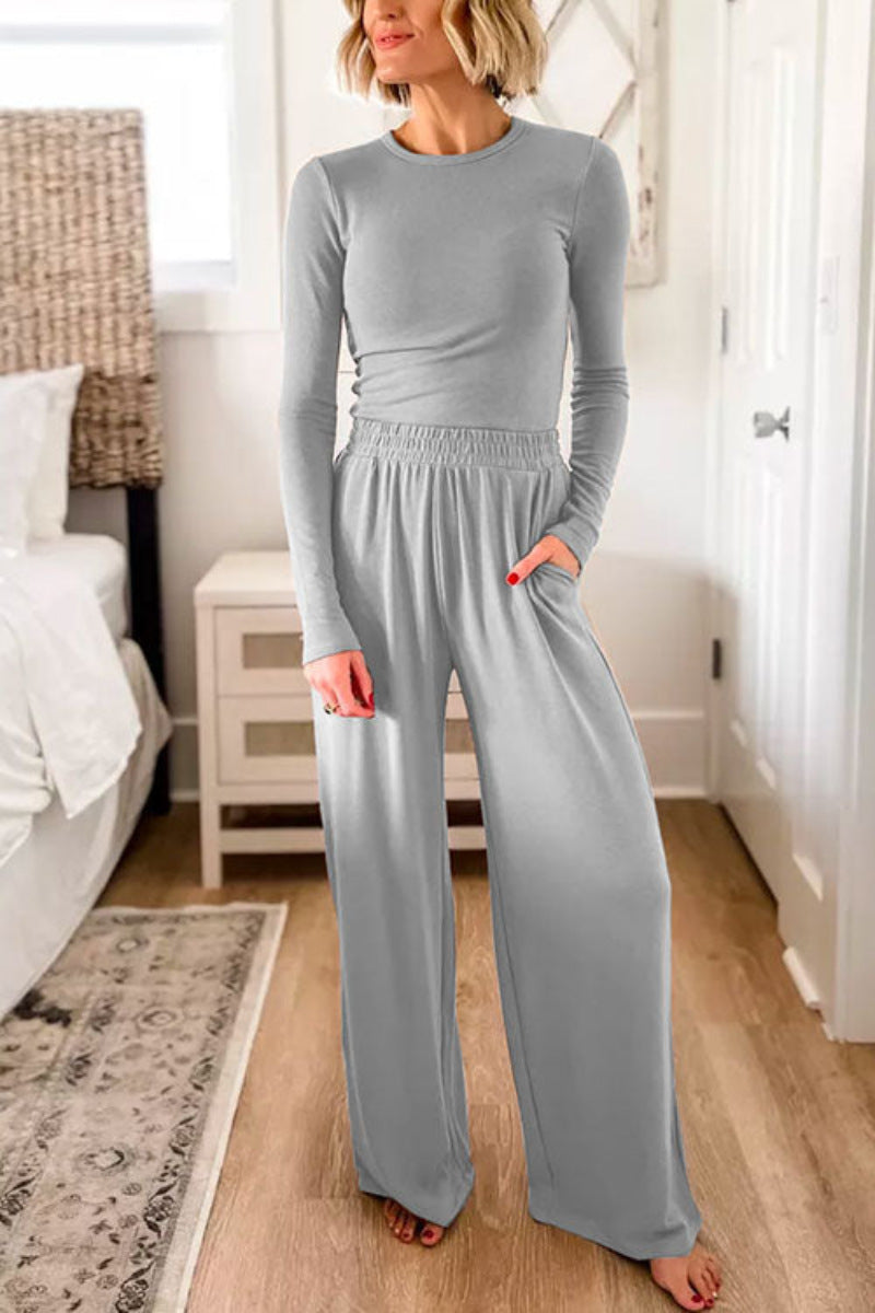 Womens Fashionable Two-Piece Long-Sleeve Wide-Leg Casual Set by Ricaloux